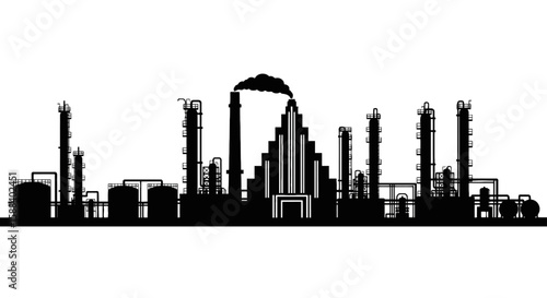 Explore the oil and gas industry with a detailed silhouette showcasing drilling rigs, pipelines, and energy production, perfect for energy and business related projects.