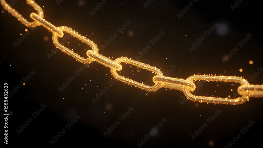 Fototapeta premium Building Floating golden chain links illuminated with spark-like shimmer over a dark abstract space