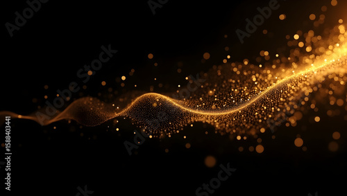 Building Golden particles swirling above a black background forming tech-inspired patterns in 3D motion