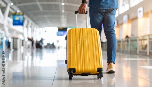 A diverse crowd of people, including business travelers and tourists, walk through a bustling airport with suitcases and bags, some in motion on their journey
