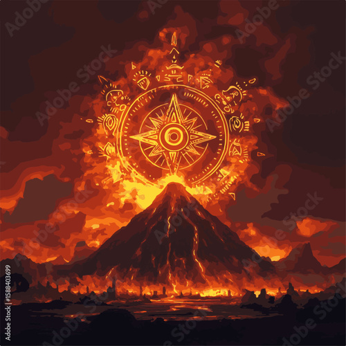 An illustration of a fiery volcano erupting beneath an ornamental compass, swirling with intense flames and embers against a dramatic sky. A symbolic visual representation of journey.