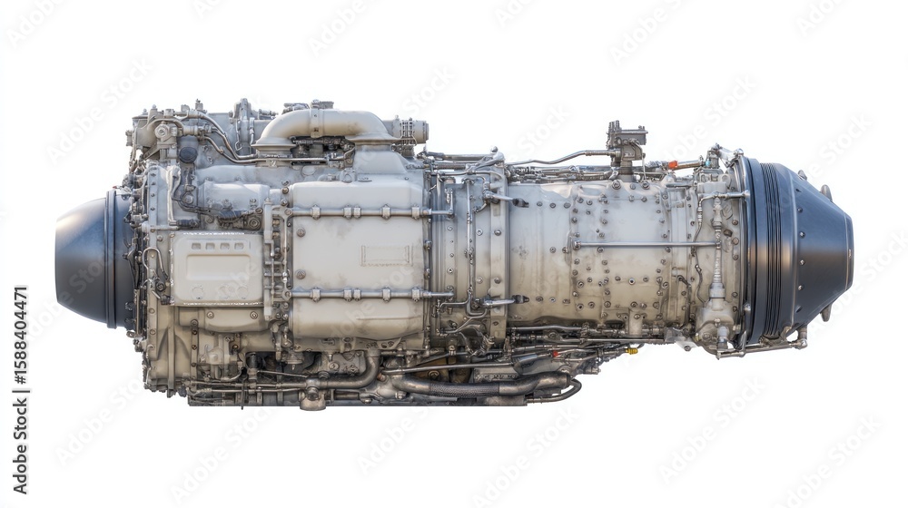 Naklejka premium Complex aircraft engine assembly showcases intricate mechanical components