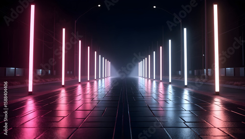 Building LED-lit street with symmetrical poles and ground reflections, rendered in cyberpunk tones