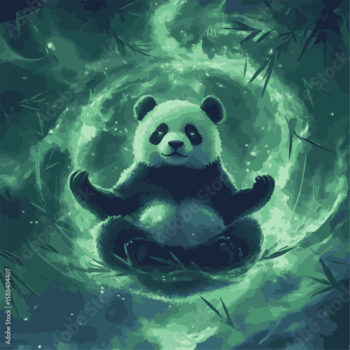 A tranquil panda meditates in a mystical bamboo forest, surrounded by an aura of serenity and inner peace.