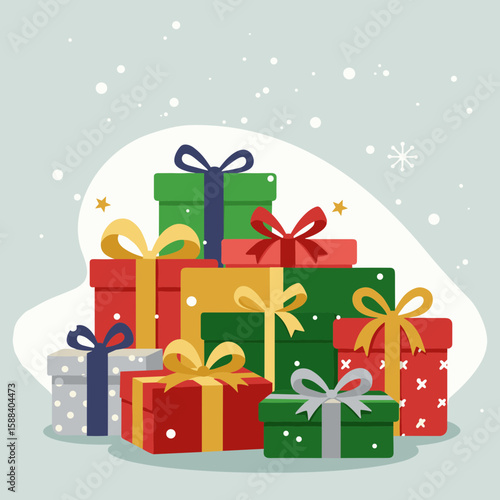 Festively wrapped Christmas gifts stacked with colorful ribbons and falling snow on a soft background
