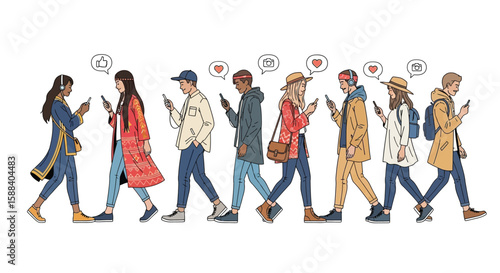 Diverse group of people walking, engrossed in their smartphones, showcasing modern digital lifestyle.