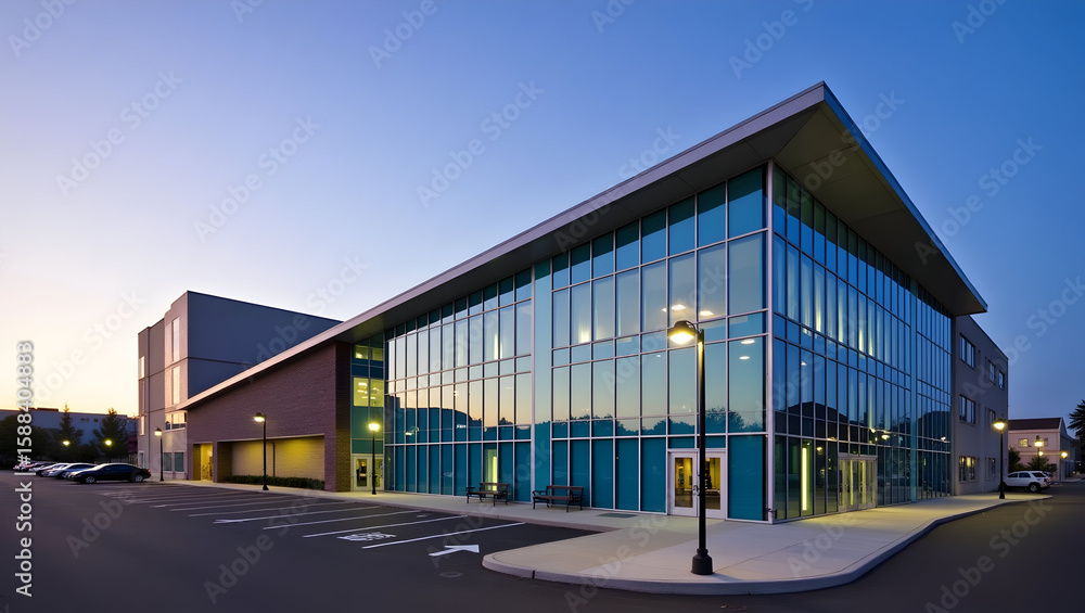 Obraz premium Building Modern building with slanted roofline and blue glass panels under gradient evening sky
