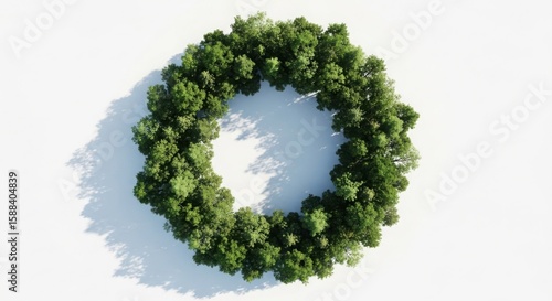 A lush green circle of trees forms a natural wreath on a bright white background
