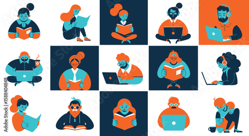 Diverse group of people engaged in various reading and digital activities.