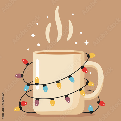 Cozy mug wrapped in colorful string lights with steam rising on a warm brown background