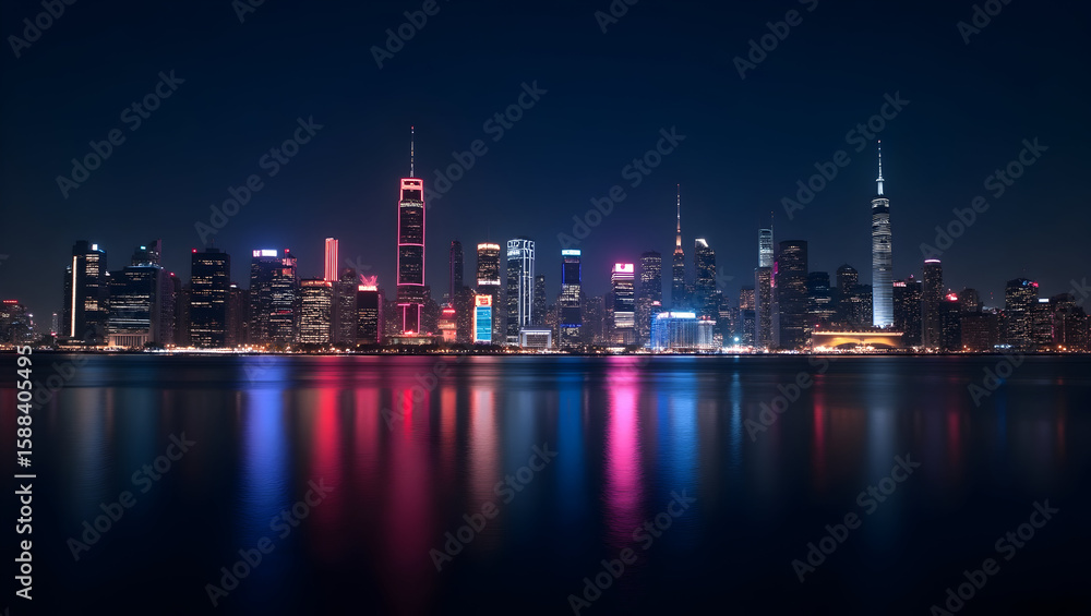 Building Neon-lit city skyline reflection across water at night with vertical light distortions Building Neon-lit city skyline reflection across water at night with vertical light distortions