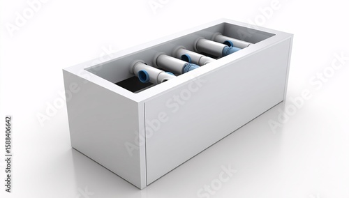 White box containing multiple pipes for plumbing or industrial applications and water systems usage