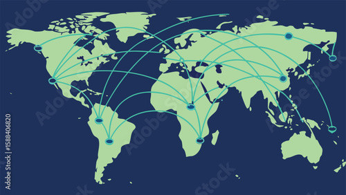 World map with interconnected locations represented by teal lines and dark blue background design