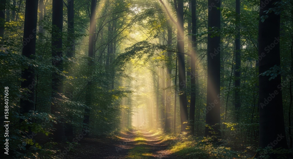 Fototapeta premium Sunlight streams through a dense forest, illuminating a path and creating a serene, ethereal atmosphere.