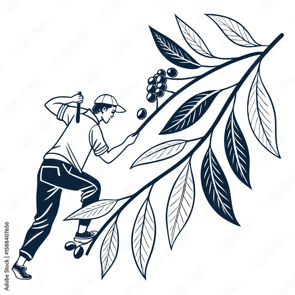 Fototapeta premium Skateboarding Pursuit: A dynamic illustration captures a skater navigating a winding branch, their form etched with determination. The illustration embodies energy, movement.