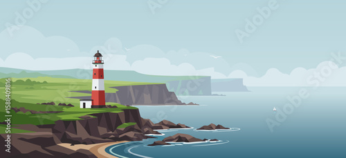 Lighthouse on a rocky coastline with gentle waves and distant cliffs 