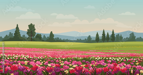 Vibrant flower field with blooming flowers and rolling hills