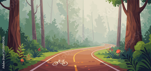 Bicycle path winding through a lush forest landscape