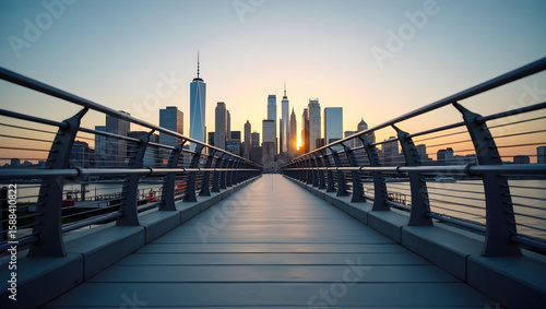 Building Wide-angle city skyline taken from a clean pedestrian bridge with railings framing the glowing urban horizon