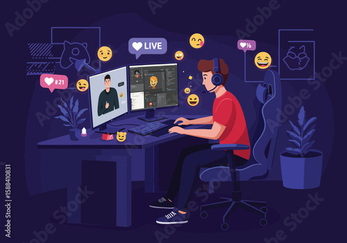 Podcast studio a man recording a show with professional equipment vector illustration