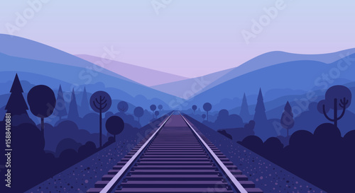 Misty railway track leading through a tranquil landscape at dawn