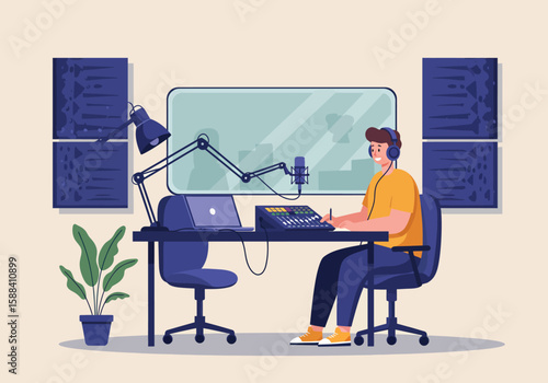 Podcast studio a man recording a show with professional equipment vector illustration