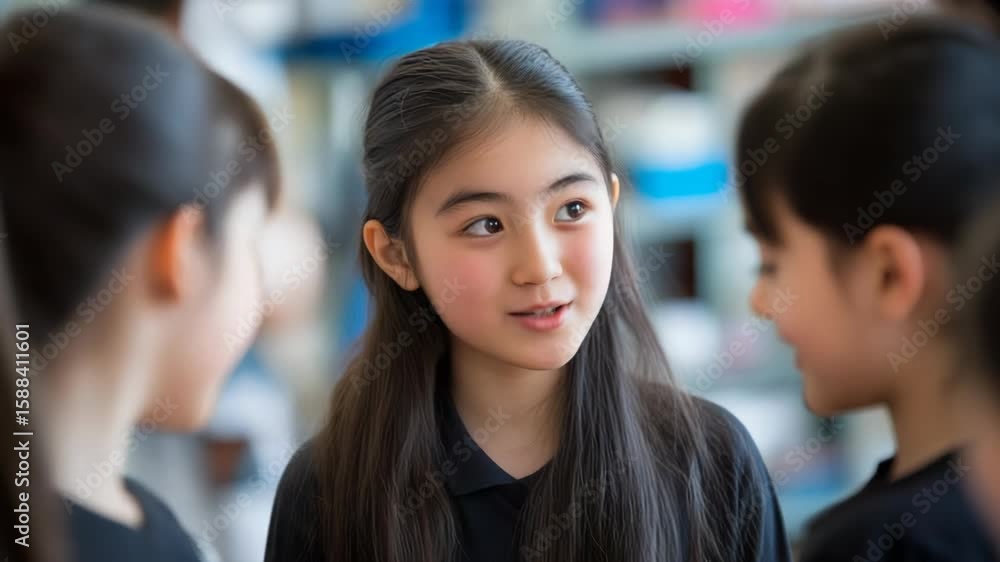 Three girls engage in a joyful conversation, showcasing friendship. Three girls engage in a joyful conversation, showcasing friendship.