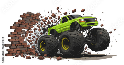 Green monster truck breaking through a brick wall with flying debris