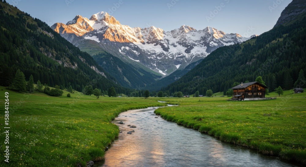 Fototapeta premium Majestic Alpine Meadow with Snow-Capped Peaks and Scenic Valley Views