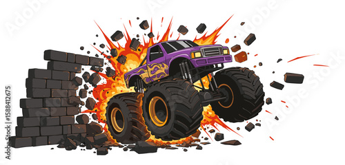 Purple monster truck crashing through a wall with explosive debris