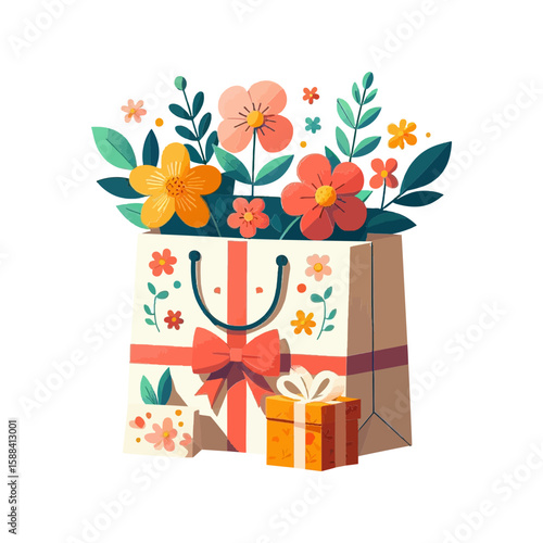 This flat illustration of a gift bag overflowing with colorful flowers and a small wrapped present is ideal for websites or blogs about celebrations, holidays, or gift-giving.

