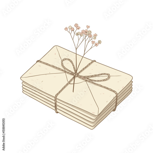 Stack of letters tied with rope and flowers, vintage stationery illustration