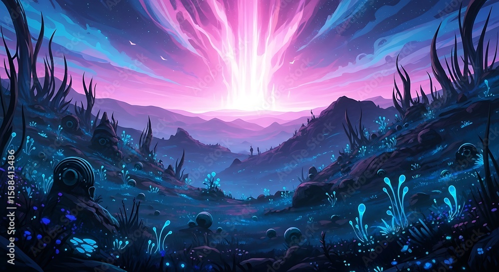 Fototapeta premium Vibrant alien landscape with glowing flora and a majestic celestial phenomenon creating a sense of