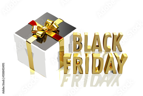 Golden black friday text with a gift box and ribbon