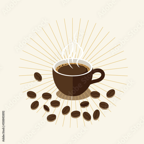 Freshly brewed coffee cup with steaming effect, coffee beans and rays, beverage illustration, copy space