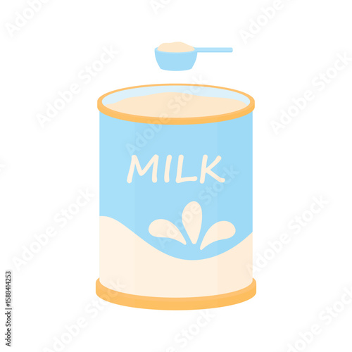 Open can of baby formula and full measuring spoon. Concept of feeding a newborn baby. Aluminum can of baby food.