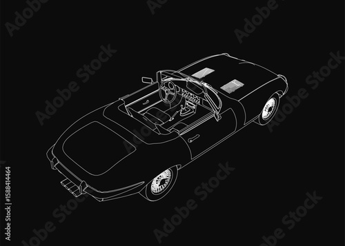 Convertible car with sleek contours and detailed lines stands out against a stark black background. The monochrome drawing highlights elegant curves and dynamic design.