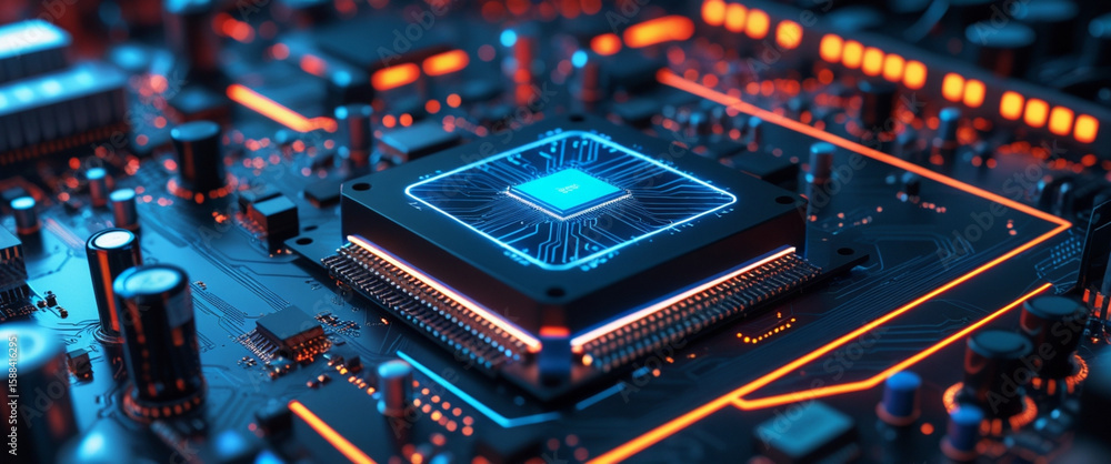 Fototapeta premium Close up view of a green electronic computer circuit board with chips and components