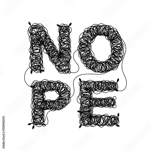 Creative "NOPE" text made of tangled wires, playful design illustration, modern concept