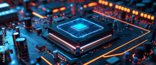 Close up view of a green electronic computer circuit board with chips and components