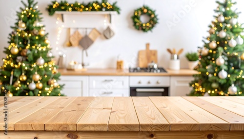 Christmas kitchen scene, a blurred wooden table