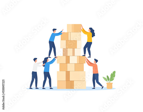 A collaborative team of people in a flat illustration style working together to build a tall tower from large cardboard boxes.