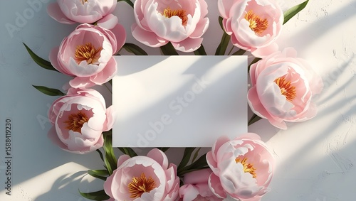 Floral mockup with white card and peonies, overhead layout