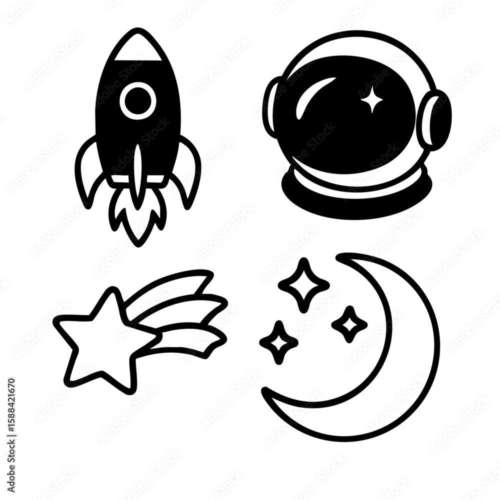 Minimalist space-themed icons including a rocket, astronaut helmet, and celestial elements. Perfect for science or kids projects.
Minimalist space-themed icons including a rocket, astronaut helmet, and celestial elements. Perfect for science or kids projects.