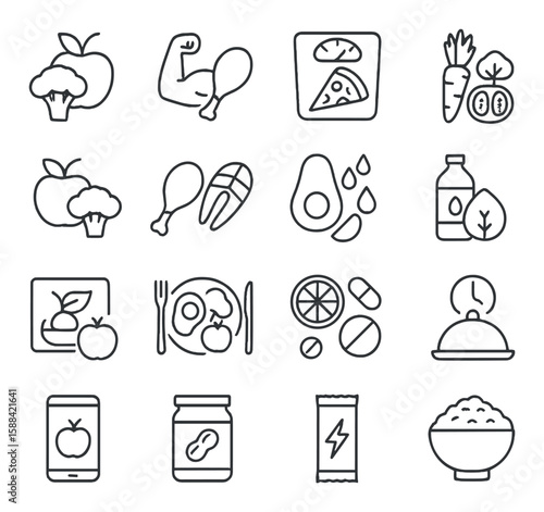 Nutrient dense icon collection: healthy food, diet, plate, vegetables, protein, avocado, linear vector icons
