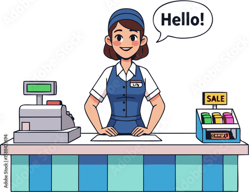 Smiling cashier welcoming customers behind a store counter, offering service.
