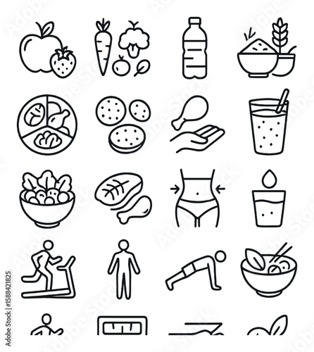 Healthy eating icon collection: simple food and fitness symbols. fruits, salad, exercise vector icons.