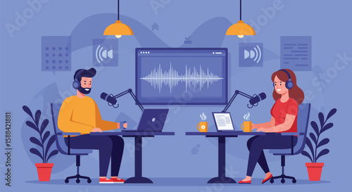 Podcast recording session man and woman interviewing Flat cartoon vector illustration