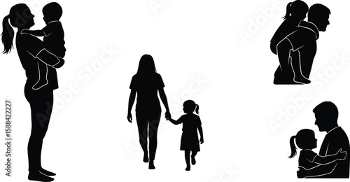 Vector art of a silhouette illustration of a loving family, depicting a mother holding her child, parents walking handinhand with their daughter, and a father giving his daughter a piggyback ride