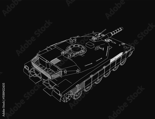 Detailed blueprint of an Battle Tank features precise contour lines and technical specifications on a dark background. The military schematic highlights the tank's armored structure.